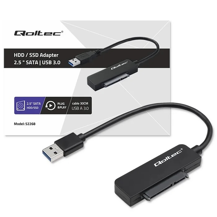 Qoltec SATA adapter | Adapter SSD kõvakettale 2,5" | USB 3.0 | Ülikiire 5 Gb/s | 2 TB | 19 cm 52268