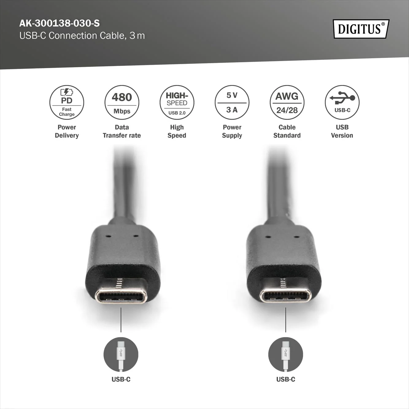 3m Digitus USB Male 2.0 (Type C) USB Male 2.0 (Type C)
