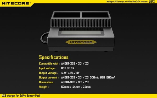 Nitecore UGP3 laadija GoPro Hero AHDBT-302, AHDBT-301, AHDBT-201 akudele